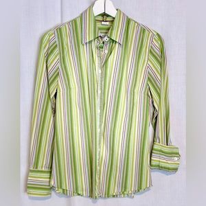 J CREW - Womens Button Up Shirt Top SOFT Slim Fit tiny STRIPES  Sz S- GREEN